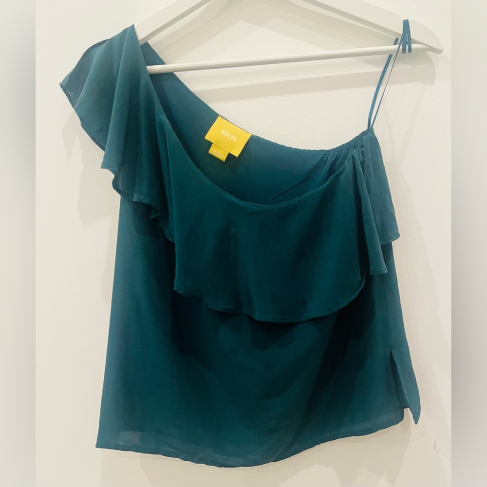Anthropologie Maeve Green Silk One Shoulder Ruffle Top size 00 modern chic